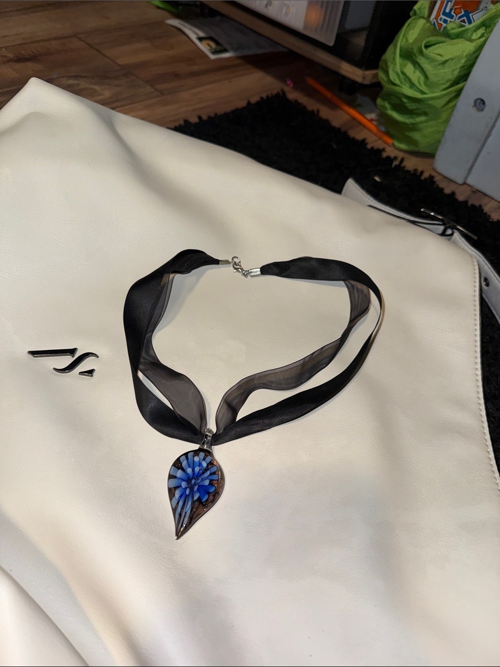 Black Ribbon Necklace with Blue Floral Glass Pendant